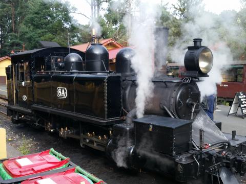 One of the Puffing Billy Railway's steam locomotives sitting at a station, steaming away sans carriages.